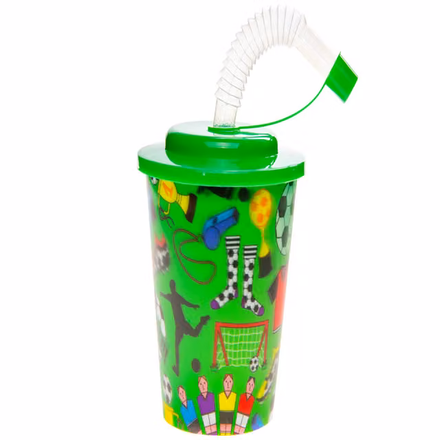 LG-Imports Pack of 12 Football Theme 3D Leakproof Cups with Silicone Straw and Lid, White and Multicolour, 250 ml