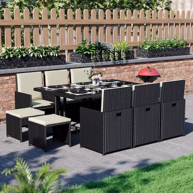Vida Designs Cuba 10 Seater Black Rattan Dining Set with Glass Tabletop