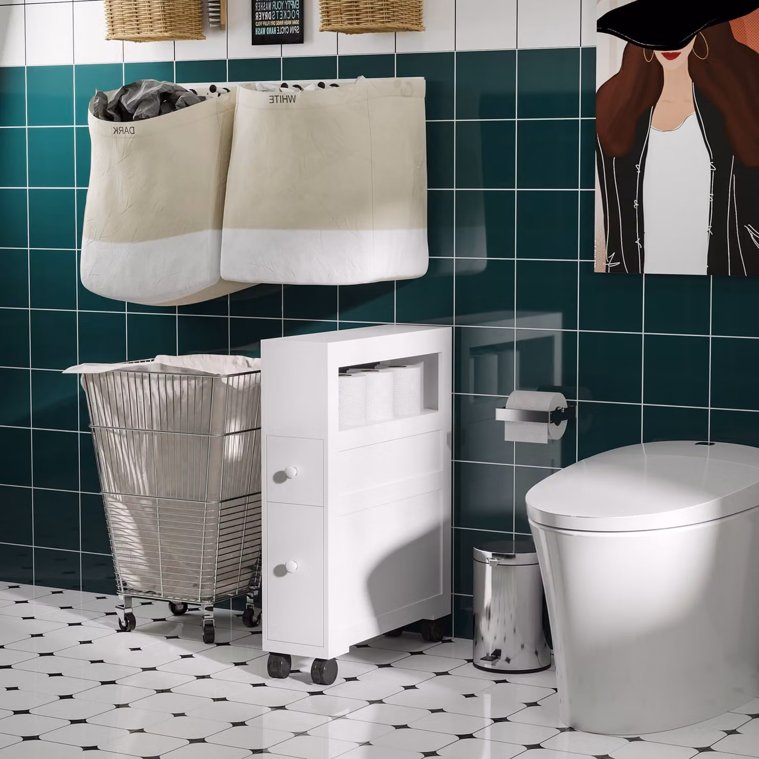 HOMCOM White MDF Narrow Rolling Bathroom Side Cabinet – 2