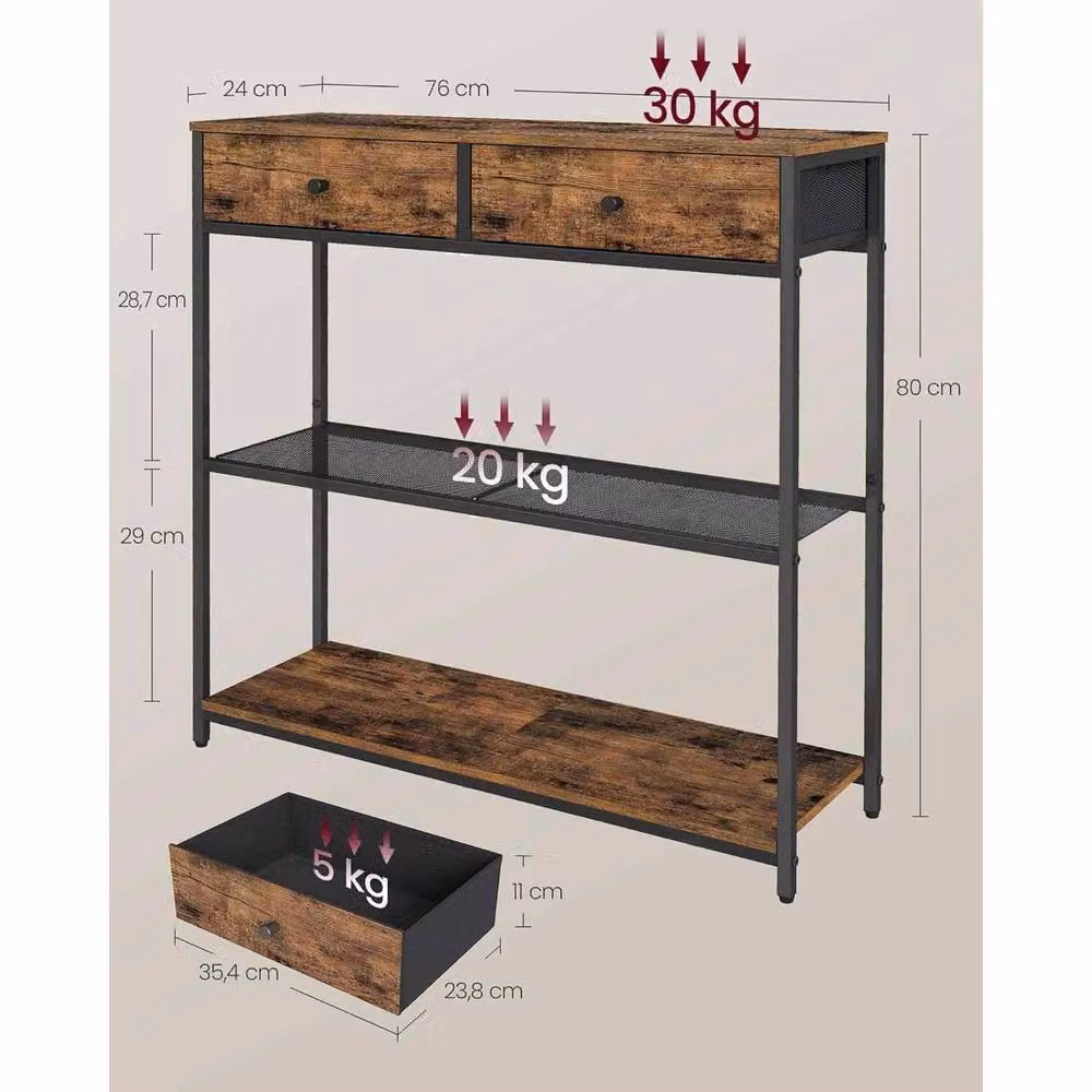 The Bazaarist Industrial Narrow Console Table with 2 Drawers and 3 Shelves in Brown and Black – 3