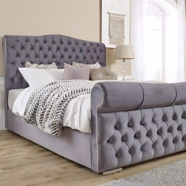 Paradise Beds Ltd Chesterfield Double Bed Set in Grey Velvet with Solid Wood Frame, Headboard and Nightstand, W/D/H: 140 x 200 cm