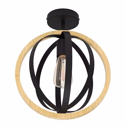 Eglo Basildon Modern Ring Ceiling Light in Black and Wood – 1
