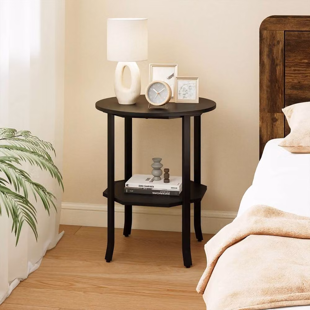 FORGEVIO Round 2-Tier Metal Side Table with Storage Shelf in Black – 3