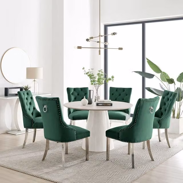 Furniturebox Palma Beige Stone Effect Round Dining Table and 6 Belgravia Chairs in Green