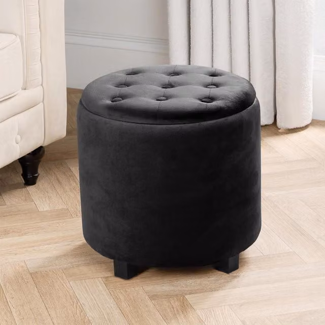 OHS Matte Black Velvet Button Top Storage Ottoman