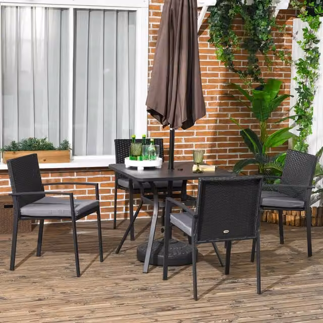 Outsunny 4 Seater Rattan Garden Dining Set with Umbrella Hole in Black