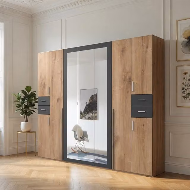Vegas 9 Door Wardrobe with 3 Mirrors and 4 Drawers in Oak Brown and Grey