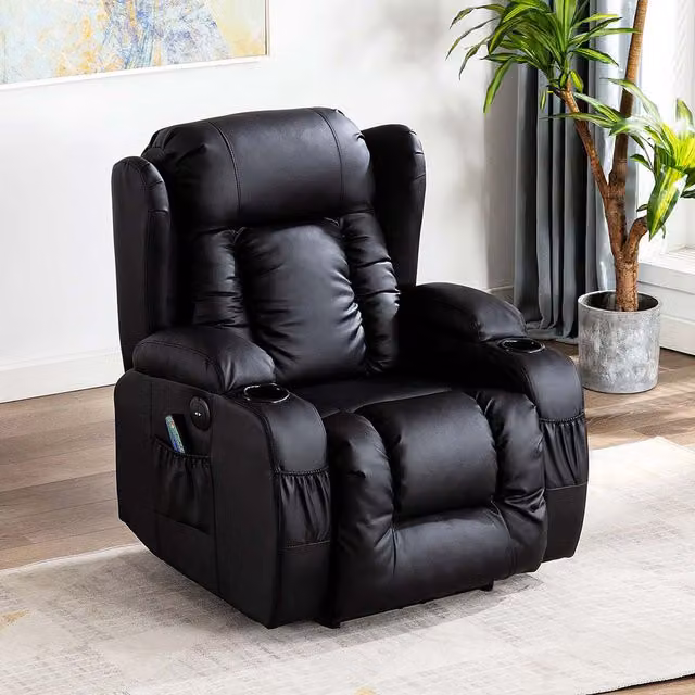 More4Homes Caesar Electric Automatic Recliner with Heat and Massage in Black Bonded Leather