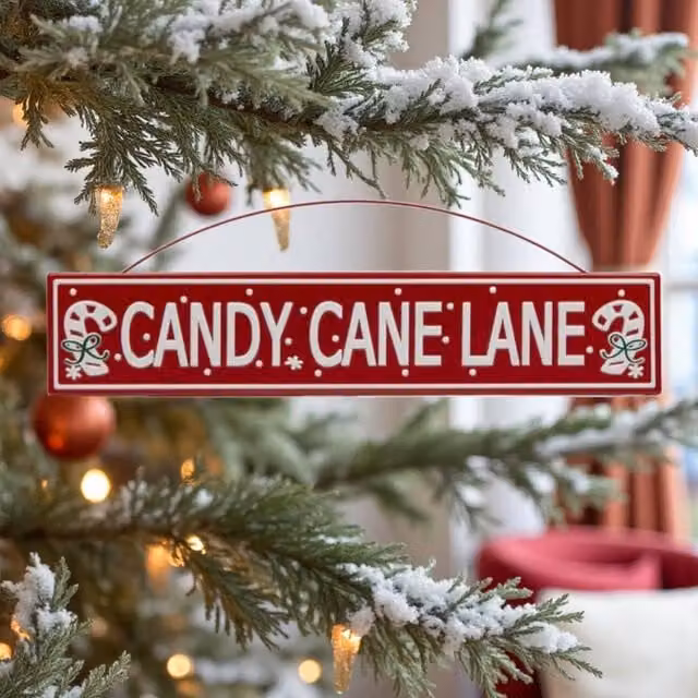 Garden Greatness Christmas Hanging Candy Cane Lane Metal Sign in Red – 1