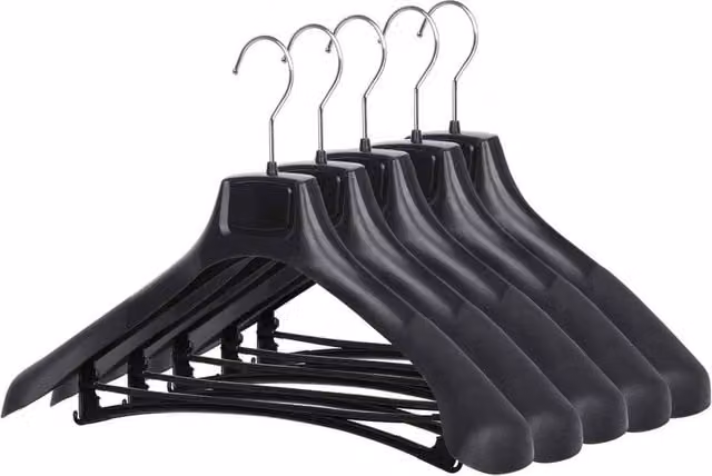 PAWNORA Set of 5 Broad Black Plastic Suit Hangers with Clips and Bar – 1