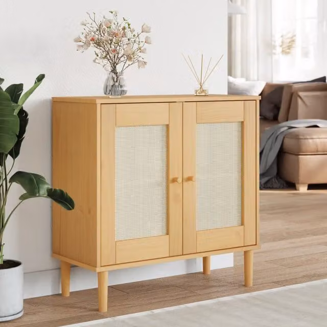 Berkfield Home SENJA Sideboard in Brown Rattan Look Solid Pine Wood, W/D/H: 80 x 35 x 80 cm