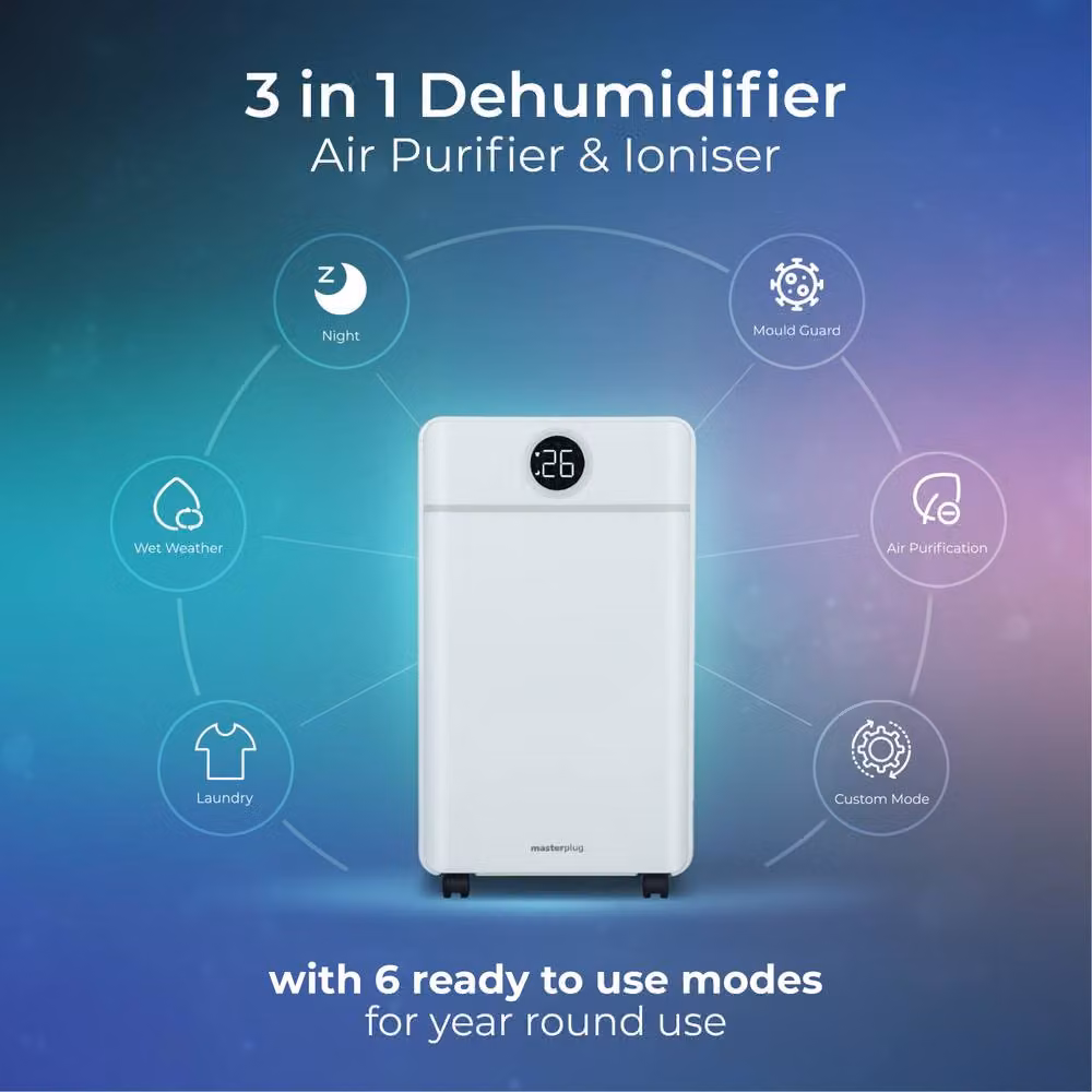 Masterplug SmartEnergy 3 in 1 12L Dehumidifier, Air Purifier and Ioniser in White with App Control – 3
