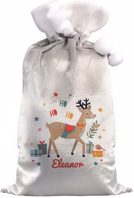 Personalised Memento Company Personalised Reindeer Christmas Sack in Grey and White