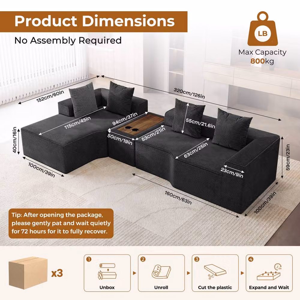 Dprodo Black Corduroy Left-Facing L-Shaped Modular Sofa with Cup Holder Table and Scatter Cushions, 320 cm – 5