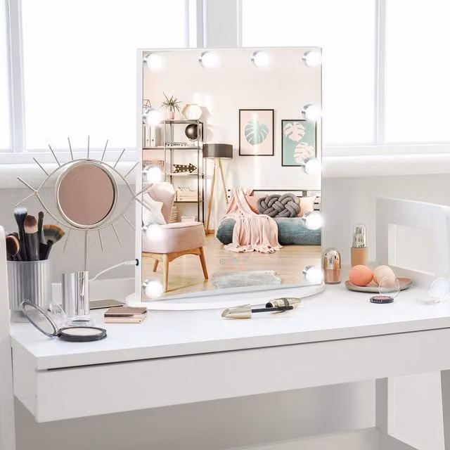 HOMCOM Hollywood LED Vanity Mirror with Glass Tabletop in White
