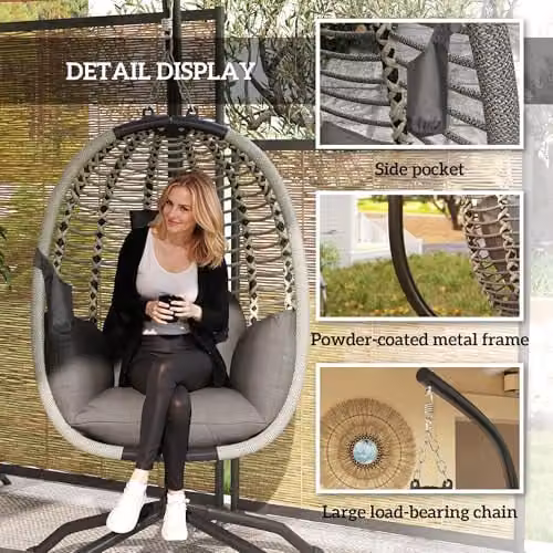 Outsunny Modern Egg Hanging Swing Chair with Metal Stand and Rope Structure in Grey – 6