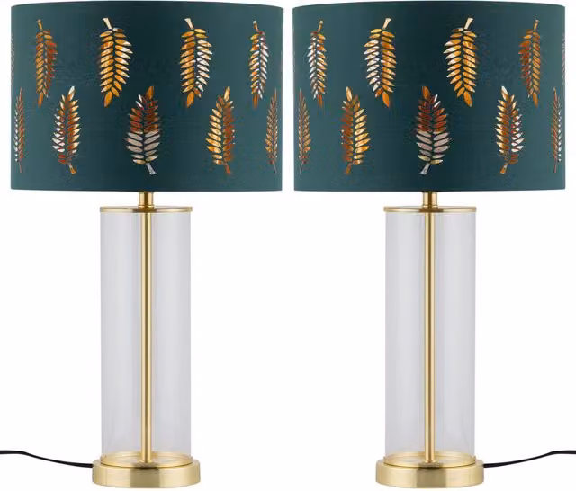 First Choice Lighting Aura Set of 2 Satin Brass Table Lamps with Green Fern Cut Out Glass Shades in Gold – 1