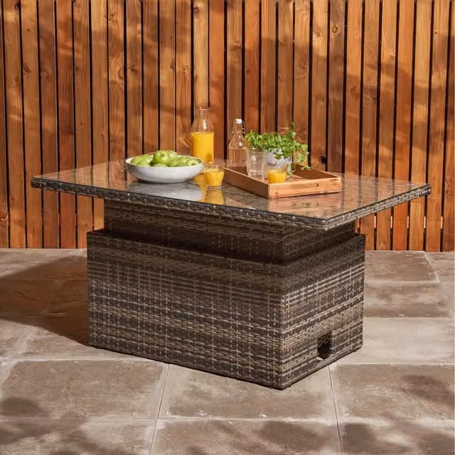 Home Treats Grey Polyrattan Height Adjustable Garden Coffee and Dining Table with Glass Top