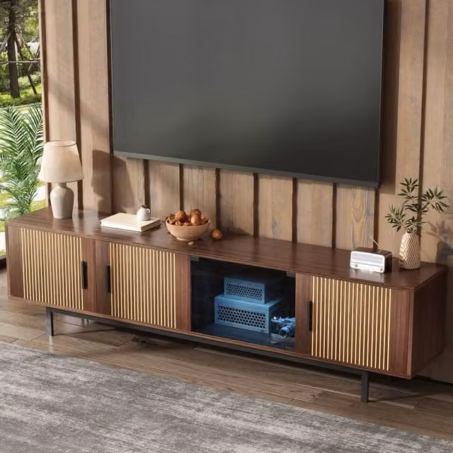 Merax Walnut Wood Lowboard TV Cabinet with Tempered Glass Door and LED Lighting, W: 200 cm, H: 53 cm, D: 53 cm – 1
