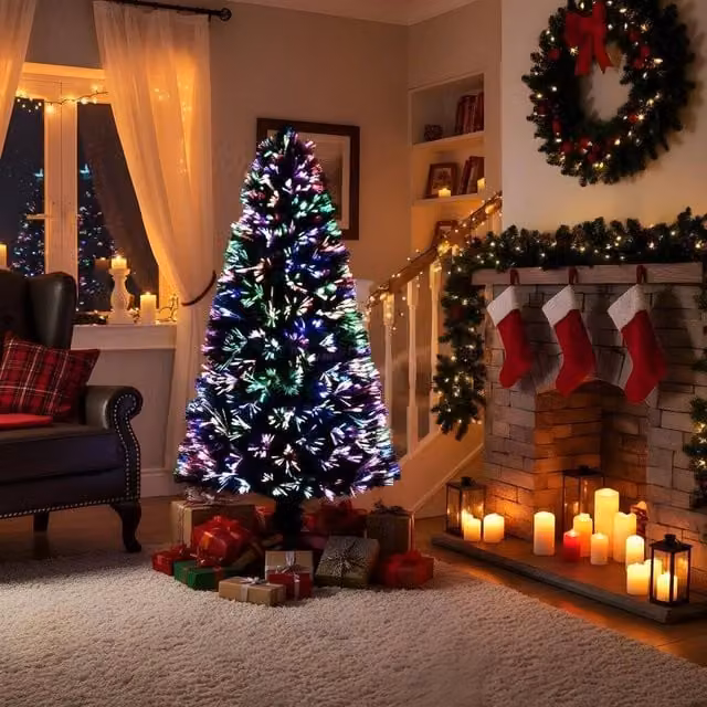 Shatchi 210 cm Multicolour LED Pre-Lit Fibre Optic Christmas Tree in Green – 1
