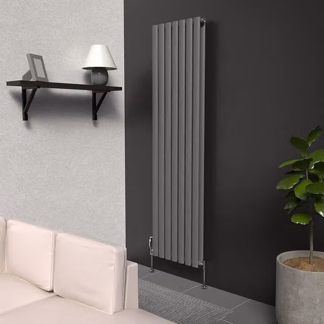 Lux Heat Anthracite Grey Oval Vertical Double Panel Designer Radiator, H 160 cm x W 42 cm x D 1.35 cm