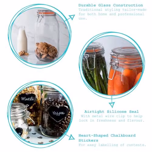 Argon Tableware Set of 6 Leakproof Glass Storage Jars with Clip Lids and Labels, 500ml, Transparent – 2