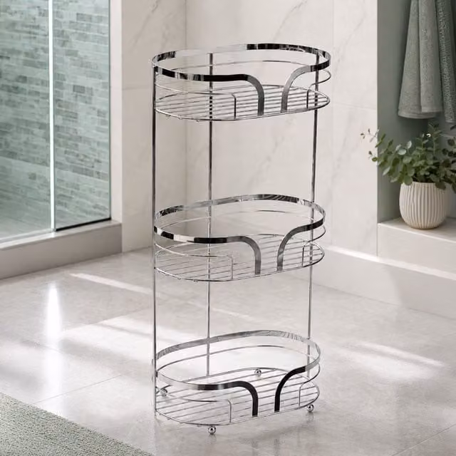 Showerdrape Dante Modern 3-Tier Freestanding Metal Floor Caddy in Silver
