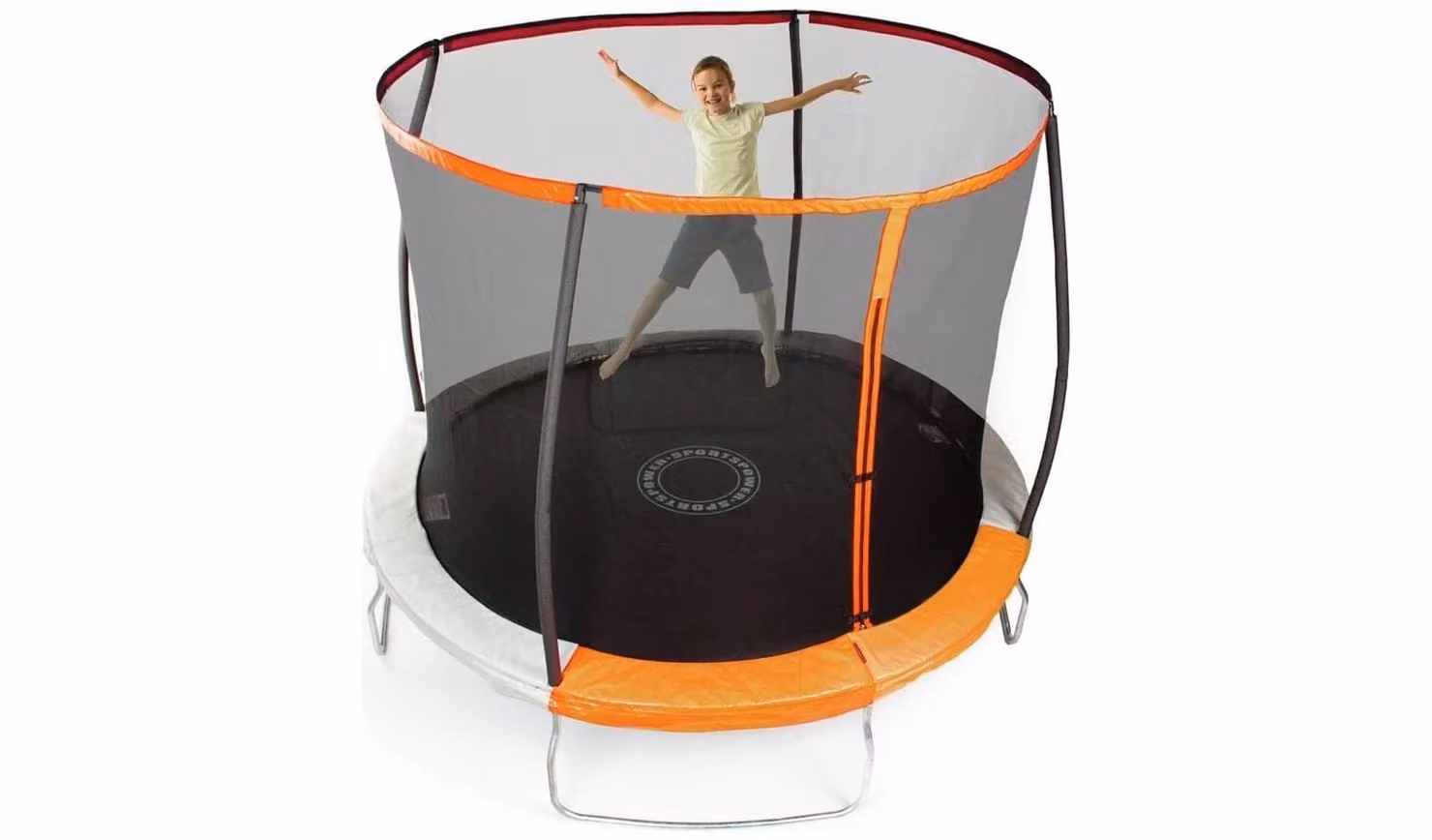 Sportspower 8ft Outdoor Kids Mini Trampoline with Safety Net and UV Weatherproof Enclosure in Orange