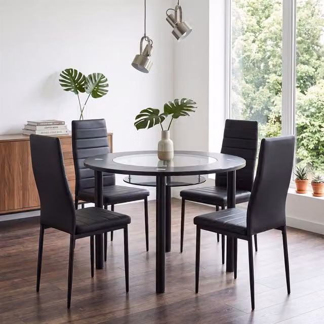 Kosy Koala Modern Round Black Glass Dining Table and 4 Chairs Set in Brown – 2