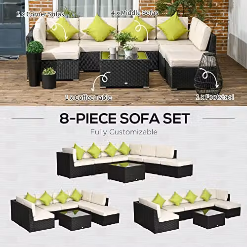 Outsunny 8 Piece L-Shape Rattan Garden Furniture Set with Cushions and Ottoman in Black – 5
