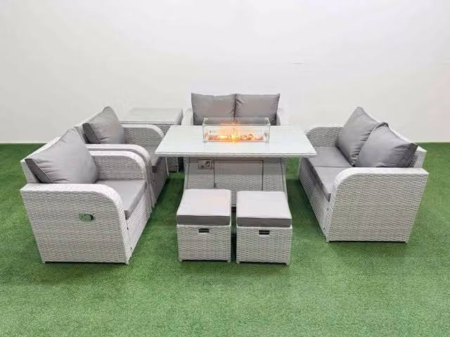 Fimous 8 Seater Rattan Garden Furniture Set with Firepit Dining Table, 2 Stools and Side Table in Light Grey