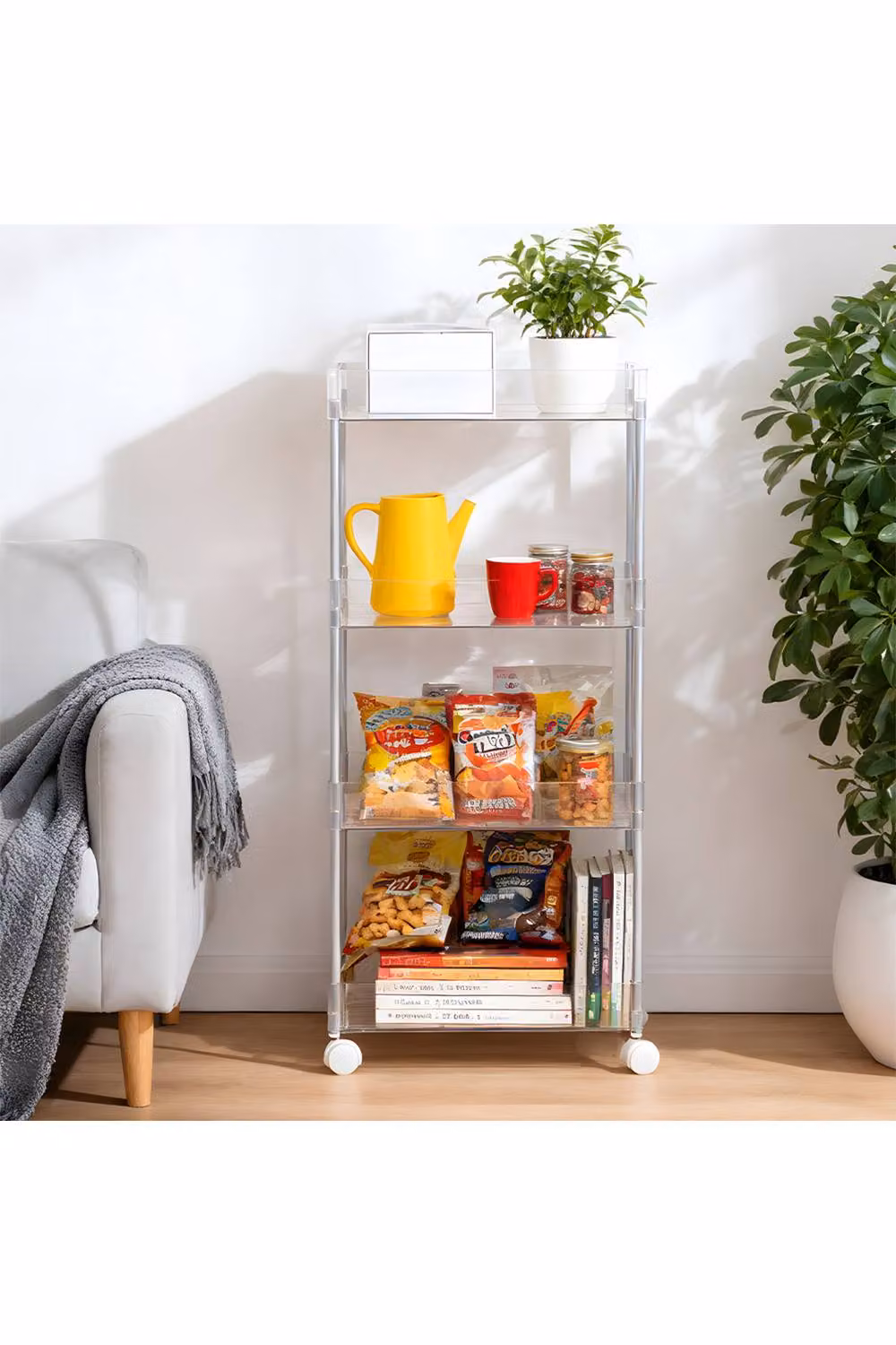 Living and Home 4-Tier Transparent Rolling Storage Cart Metal-Frame Utility Trolley Organiser Rack in Silver XL – 2