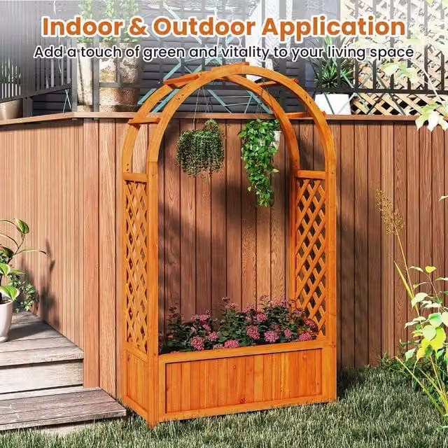 NESTLUNE Wooden Raised Garden Bed with Arch Trellis, Brown – 1