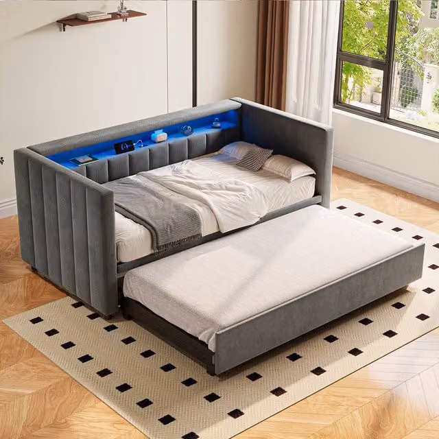 Direct Wicker Multifunctional Single Pull-out Sofa Bed with USB-C Port and LED Lighting in Dark Grey, W/D/H: 201 x 73 x 100 cm – 1