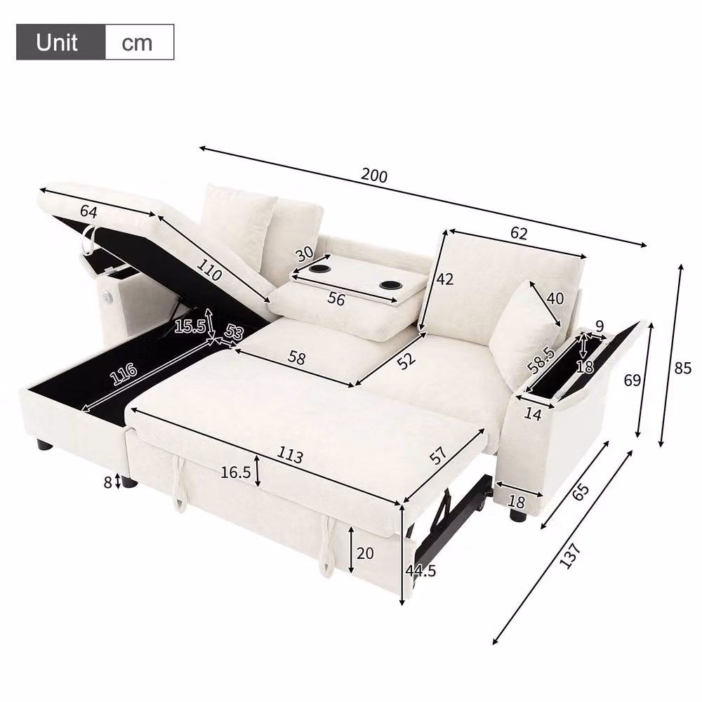 Merax Reversible L-Shape Corner Sofa Bed with Storage, USB Charging and Pull-out Drawer in Beige – 2