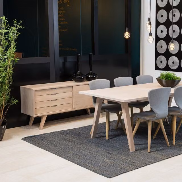 Furniture To Go Scandinavian Style A-Line Sideboard with 4 Drawers and Sliding Door in White Oak and Beige Matt Finish