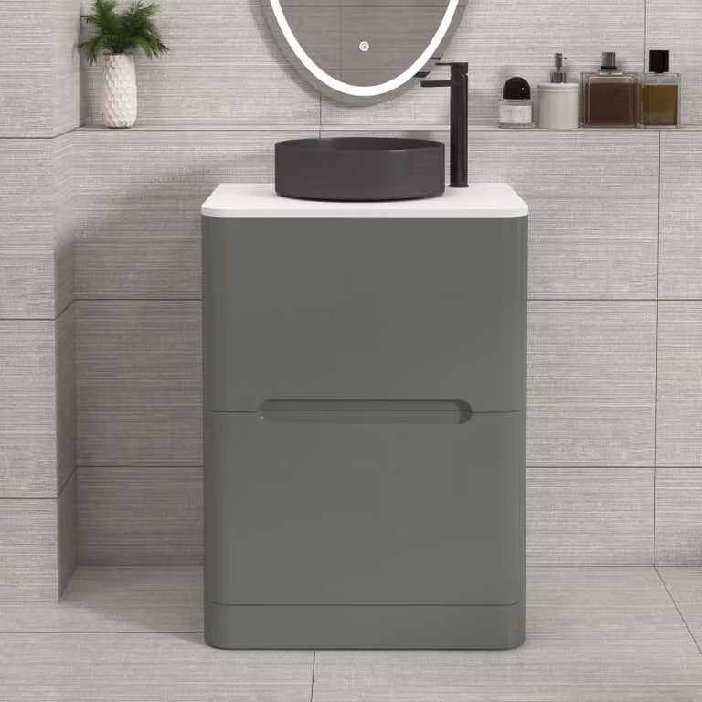 Royal Bathrooms Venice 600mm Sage Green Floor Standing Vanity Unit with 2 Drawers, Plain White Worktop and Art Deco Round Basin