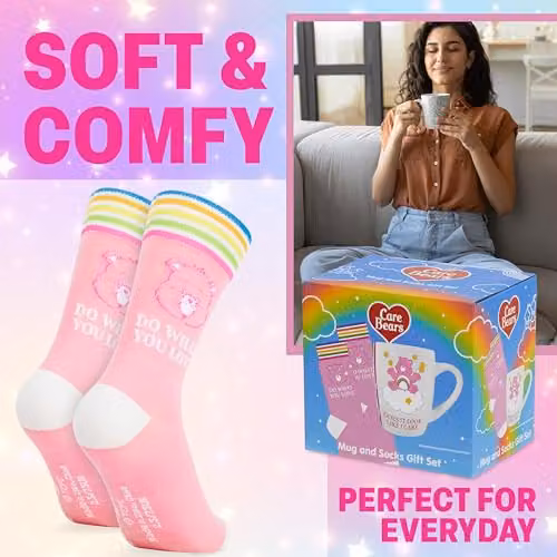 Get Trend Care Bears Mug and Calf Socks Set, White and Pink, 315ml – 2