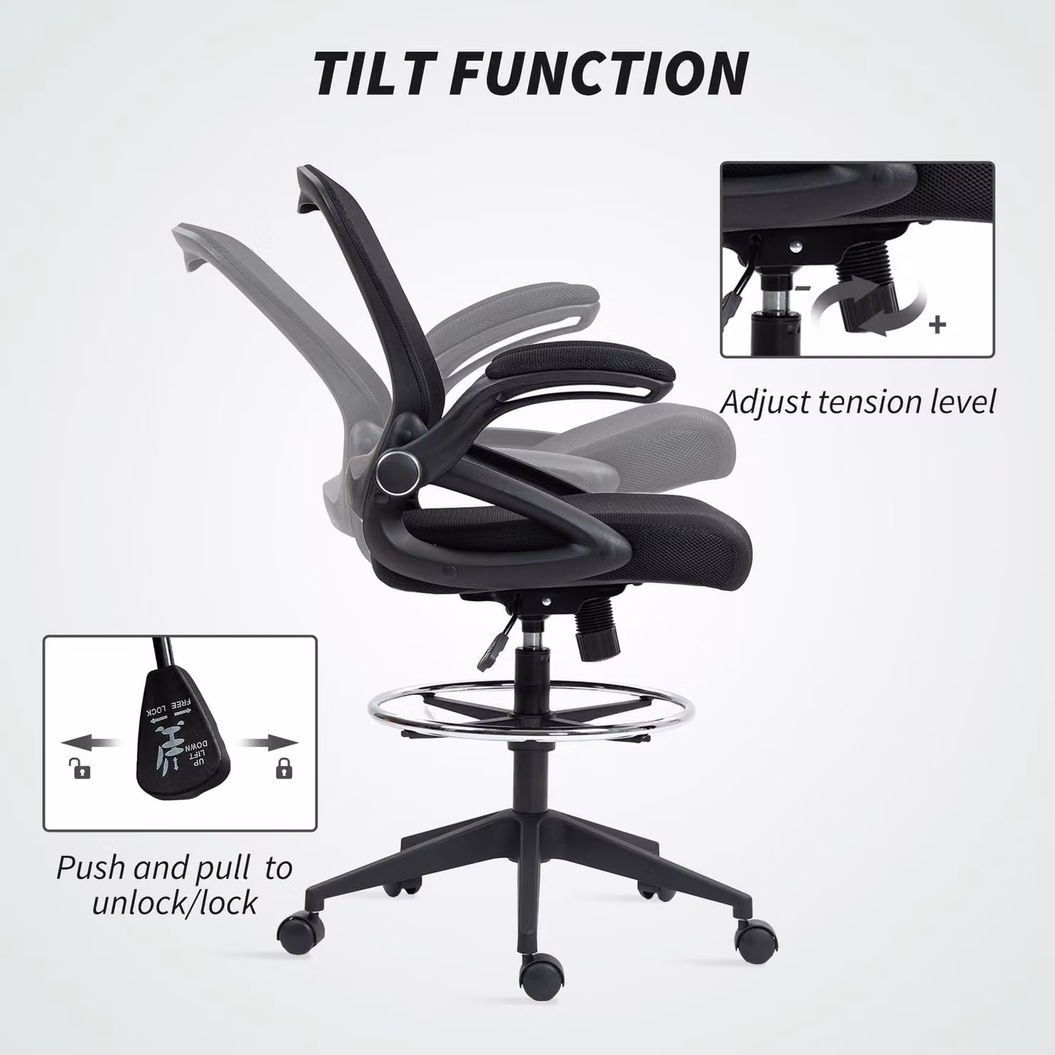 Vinsetto Black Mesh Drafting Chair with Flip-up Armrests, 360 Degree Swivel and Foot Ring for Home Office and Standing Desks – 4