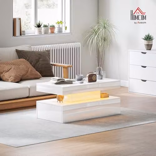 HOMCOM White High Gloss LED Coffee Table with Storage, W/D/H: 120 x 48 x 42 cm – 2