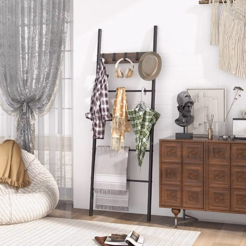 Costway 5-Tier Wooden Blanket Holder Ladder Shelf with 5 Hooks in Brown – 3