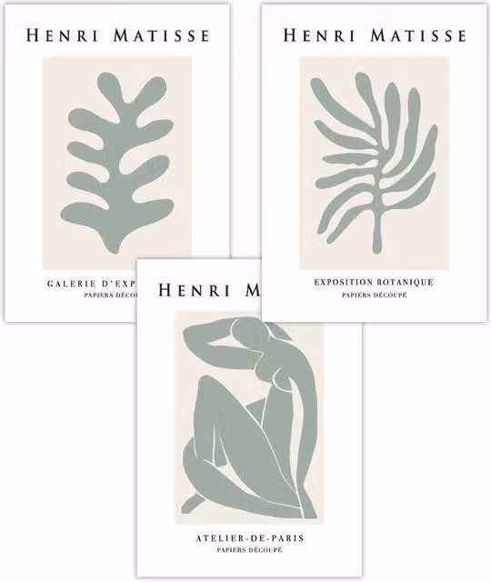 ARTZE Set of 3 Matisse Floral and Nude Boho Art Posters in Green and Beige, W: 59 cm, H: 84 cm