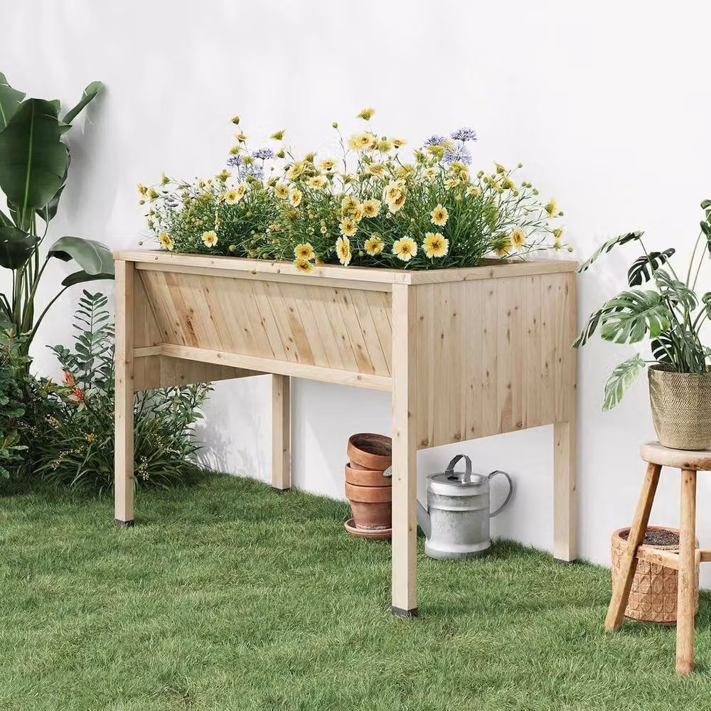KORVIXA Elevated Wood Raised Bed Planter for Vegetable and Ornamental Gardens, Beige – 3