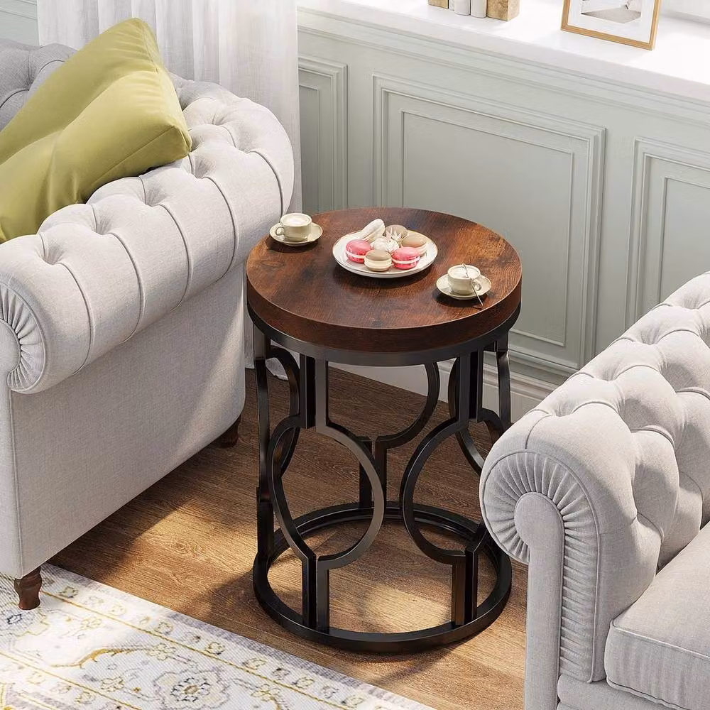 FORGEVIO Industrial Round End Table and Small Nightstand in Brown – 4