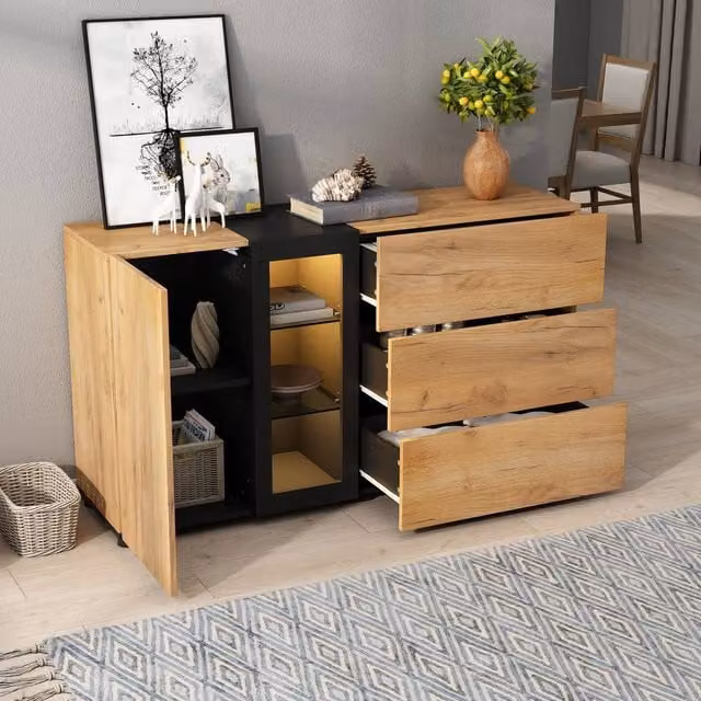 Merax Modern Brown Display Sideboard with Smart App LED Lights and Glass Shelves