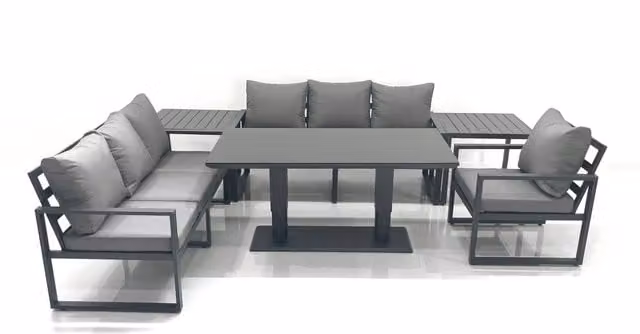 Fimous Outdoor Garden Furniture Set with Adjustable Rising Lifting Dining Table and 2 Side Tables in Dark Grey Aluminium