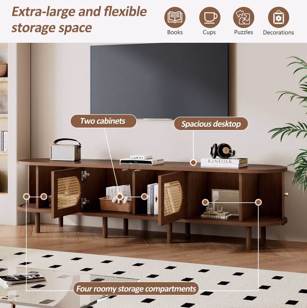 STILVORA Brown TV Stand with 2 Doors and 2 Sliding Rattan Doors, W: 180 cm, D: 40 cm, H: 40 cm – 6