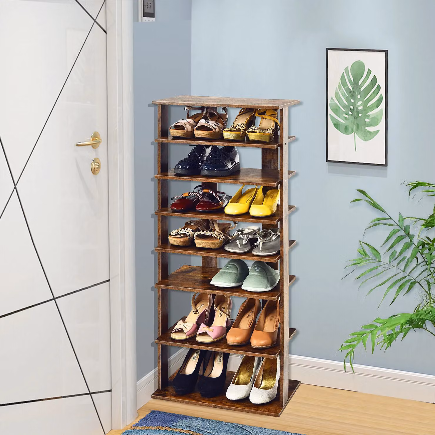 Costway 7-Tier Double Corner Shoe Rack and Vertical Display Shelf in Brown – 2