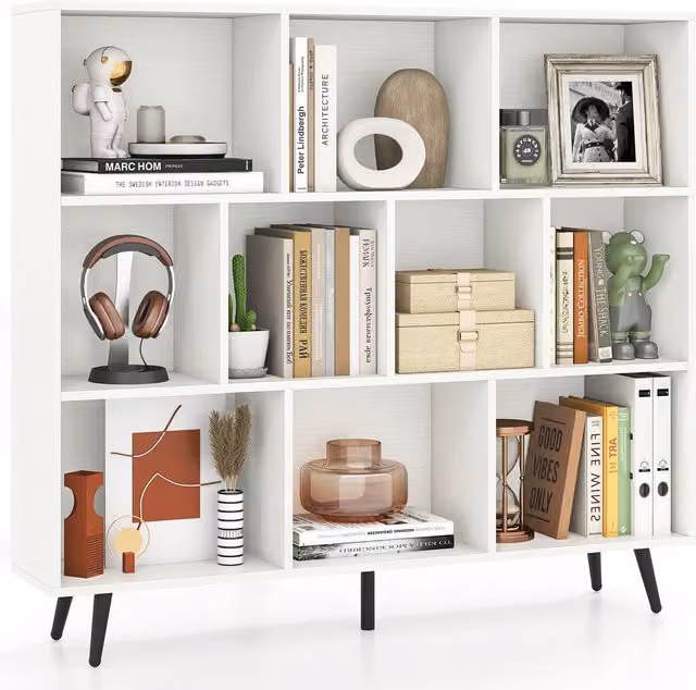 COSTWAY 10-Cube Mid-Century Freestanding Bookcase in White with Metal Accents