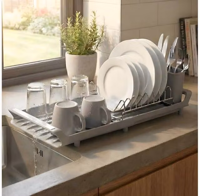 Andrew James Expandable Dish Rack with Cutlery Holder and Drip Tray in Grey